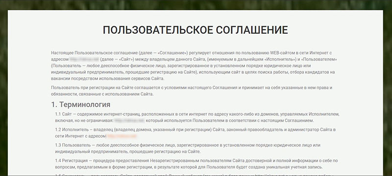 Пример - Пользовательское соглашение, условия обслуживания